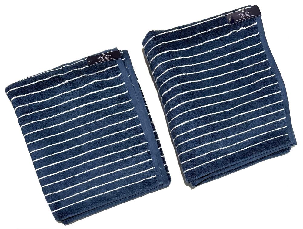 Brooks Brothers Blue White Stripe Cotton Bath Towels Set 2 Measures 30X56” NWT
